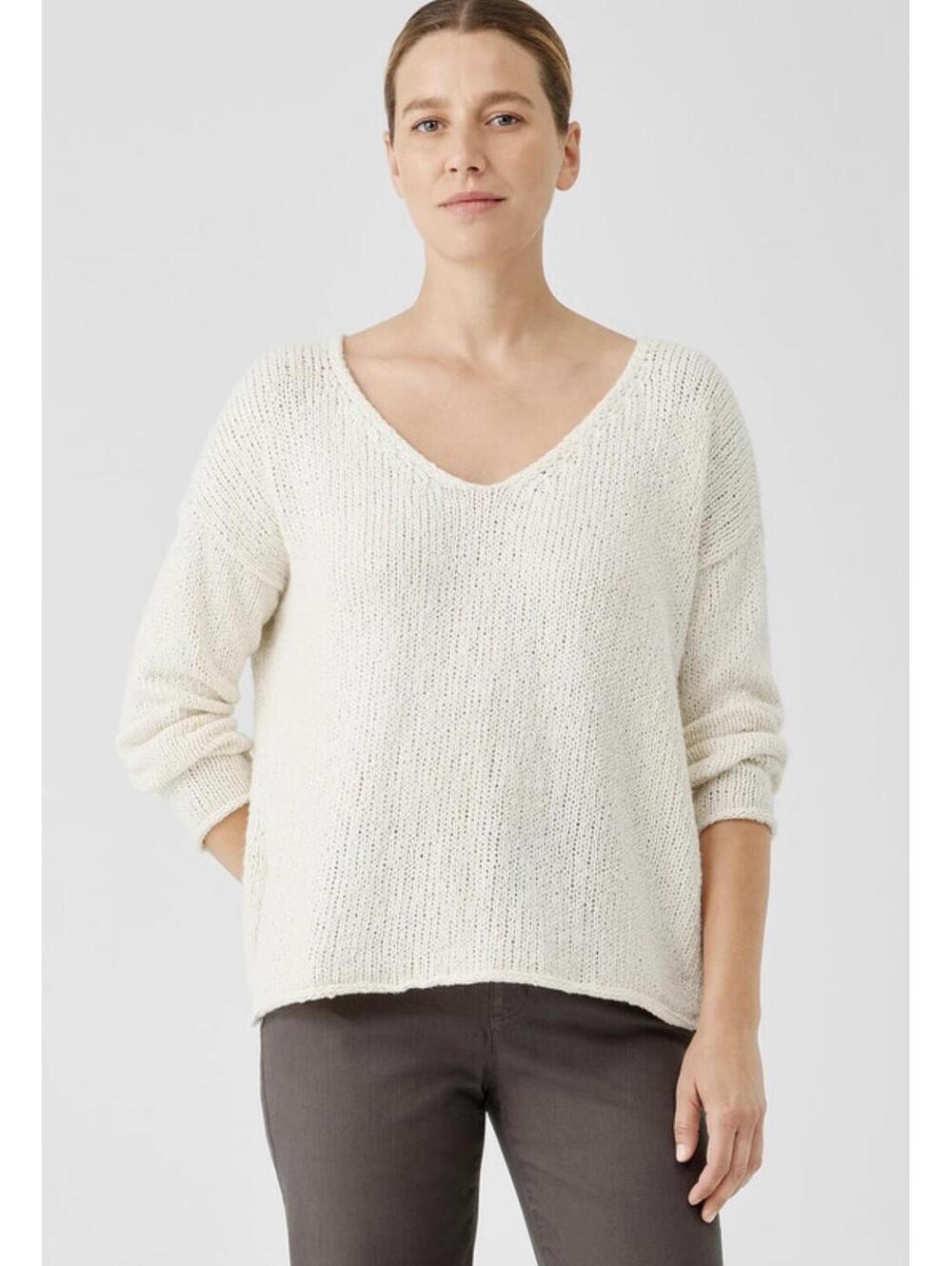 Eileen Fisher V-neck Ivory Pullover Sweater - Women's Large Petite